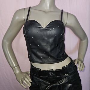 "Say What" Faux Leather Studded Zipper Crop Top